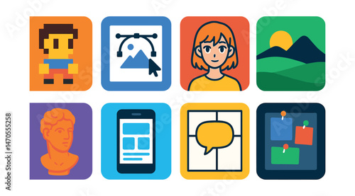 Flat vector icons of creative content types: pixel art character, vector illustration canvas, anime style portrait, concept art landscape, 3D sculpt bust, UI design wireframe, webcomic panel, digital