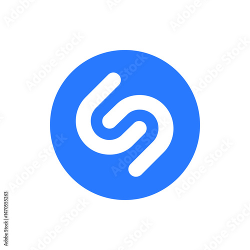 Circular blue shazam logo with white symbol in the center representing music recognition technology app
