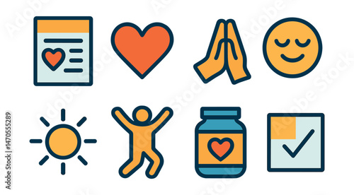 Flat vector icons of daily gratitude: gratitude list, heart symbol, thank you gesture, calm face, sun icon, joy moment, gratitude jar, positive check-in.