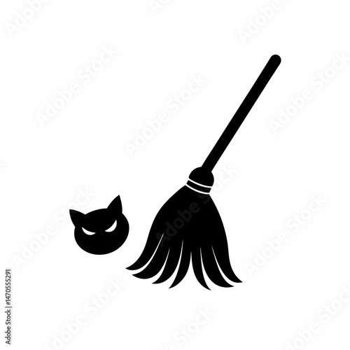witch s broom with cat icon on white background  