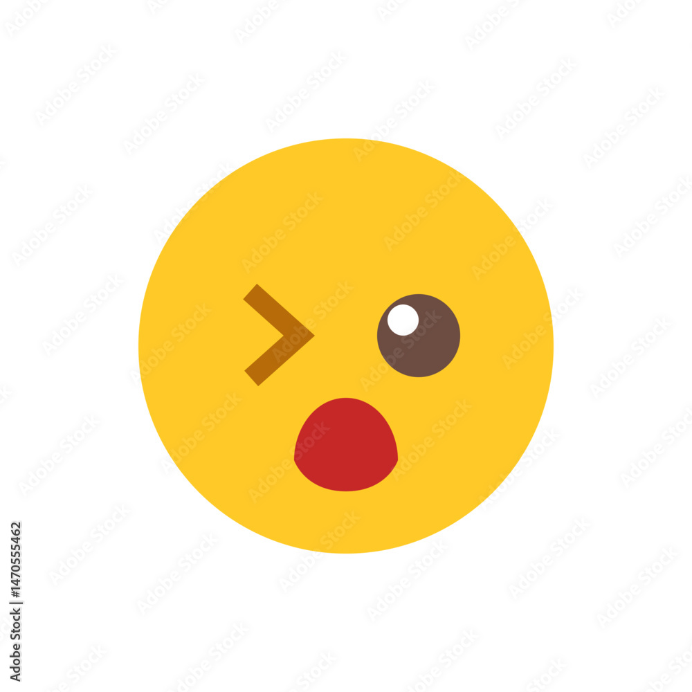 A yellow emoji face with a winking left eye and a surprised open mouth on a white isolated background A yellow emoji face with a winking left eye and a surprised open mouth on a white isolated background