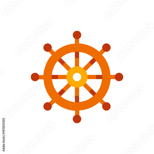 Illustration of a symmetrical orange ship wheel with a yellow center and eight handles on a white background