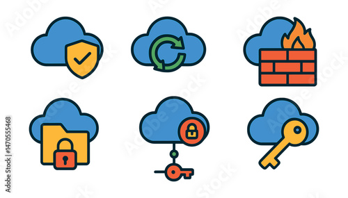 Flat vector icons of cloud protection: cloud shield, secure sync, backup system, cloud encryption, cloud firewall, file access control, cloud key, data restore.