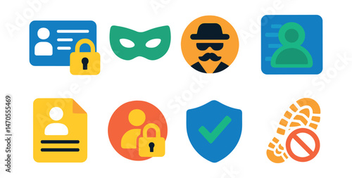 Flat vector icons of identity protection: ID lock, digital mask, alias icon, photo blur, personal data icon, private profile, consent shield, trace blocker.