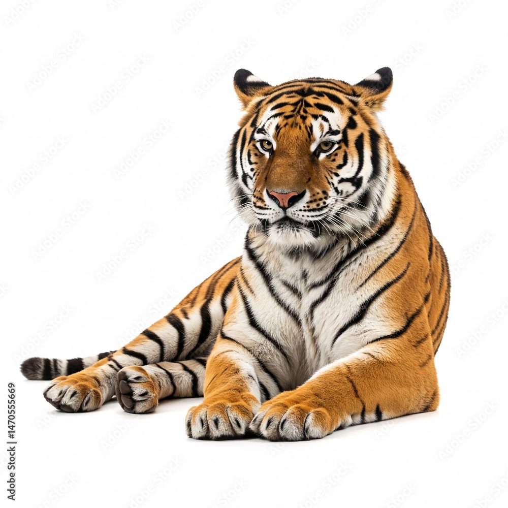 Fototapeta premium Bengal tiger lying down isolated on a white background
