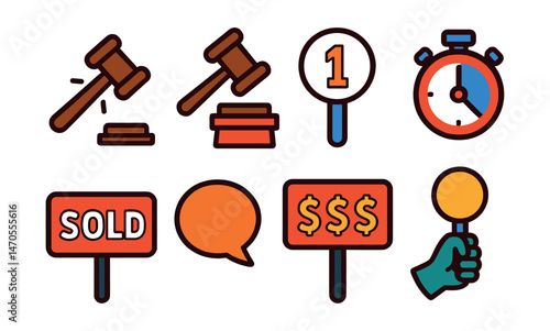 Flat vector icons of auction elements: gavel with sound lines, auction podium, bidding paddle with number, countdown timer, “sold” sign, auctioneer speech bubble, price board, raised paddle gesture.
