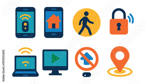Flat vector icons of remote access: phone control, smart home app, away mode, remote lock, device ping, live view, override command, geofencing icon.