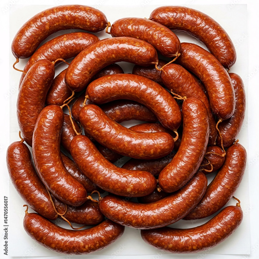 Raw Italian sausages on white paper isolated on a white background from above Raw Italian sausages on white paper isolated on a white background from above