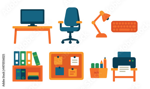 Flat vector icons of home office setup: desk with monitor, ergonomic chair, desk lamp, wireless keyboard, bookshelf with files, corkboard with notes, organizer tray, printer shelf.