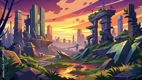 Overgrown Futuristic City Ruins at Sunset