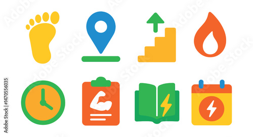 Flat vector icons of activity tracking: daily steps, distance walked, stairs climbed, calories burned, active minutes, workout summary, training log, movement streak.