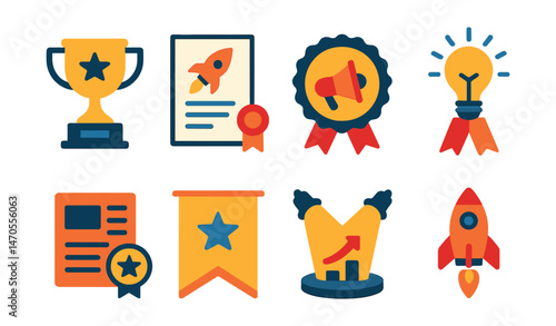 Flat vector icons of innovation awards: trophy icon, startup certificate, best pitch badge, innovation ribbon, press mention, recognition banner, spotlight stage, startup success.