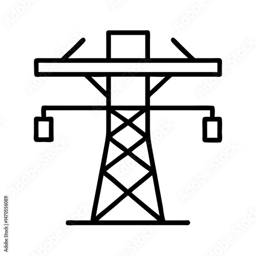 Line icon of modern electrical transmission tower with wide crossarm and hanging components, black outline, concept of power infrastructure and energy delivery