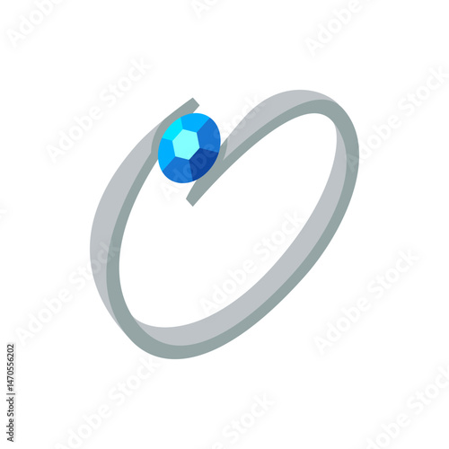 A simplistic silver ring with a faceted blue gemstone set on top in a cartoon style illustration