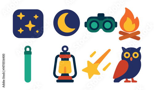 Flat vector icons of night adventure: starry sky, moon icon, night vision goggles, fire pit, glow stick, tent light, shooting star, night owl.