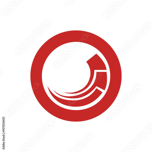 Red circular graphic design with curved lines and rectangular shapes creating a modern abstract emblem design