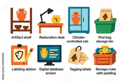 Flat vector icons of archaeological labs and storage: artifact shelf, restoration desk, climate-controlled cabinet, find bag storage bin, labeling station, digital database screen, tagging labels,