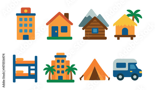 Flat vector icons of accommodation options: hotel building, cozy guesthouse, mountain cabin, beach bungalow, hostel bunk bed, luxury resort, camping tent, RV camper.