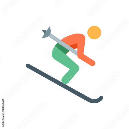 Illustration of a skier with orange body, green legs, and yellow head skiing down a slope with poles