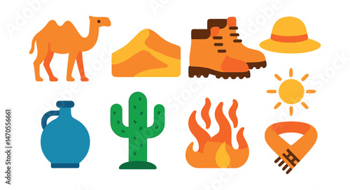 Flat vector icons of desert adventure: camel icon, sand dune, desert boots, sun hat, water jug, cactus icon, heatwave symbol, survival scarf.