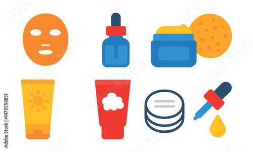 Flat vector icons of skincare and self-care: face mask sheet, serum bottle, moisturizer jar, facial sponge, sunscreen tube, cleansing foam, cotton pad stack, oil dropper.