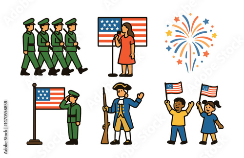 Flat vector icons of traditional events: military parade, national anthem performance, fireworks display, flag-raising ceremony, historical reenactment, children waving flags.