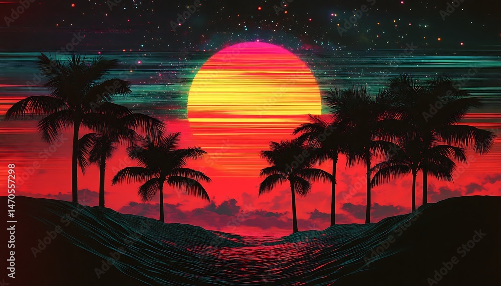Naklejka premium Retrowave Ocean View with Palm Trees, Red Sunset and Glowing Stars Synthwave Style