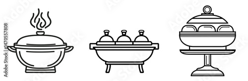 Various styles of serving dishes arranged in a linear format showcasing food presentation tools suitable for dining events