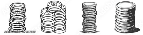 Stacks of coins representing different values and arrangements in a simple 2D design