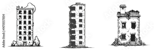 Building evolution depicted in three distinct stages of decay through a simple 2D icon design