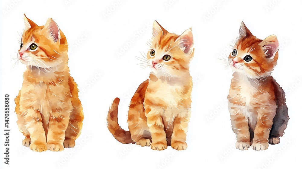 Charming Set of Cute Kittens and Red Cat on White Background Charming Set of Cute Kittens and Red Cat on White Background