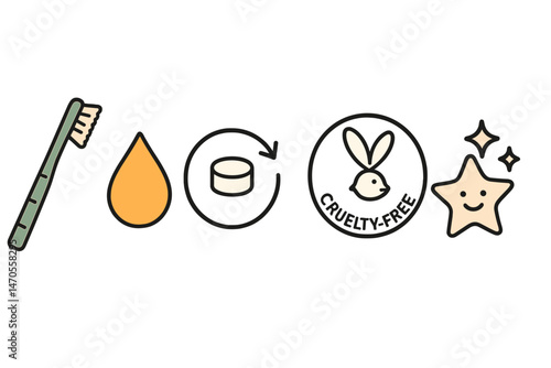 Dental‑eco icons linking brush, drop, arrow, badge, star