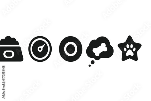 Pet‑tech icons linking feeder, dial, camera, cloud, badge
