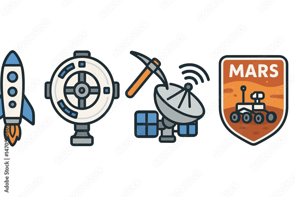 Fototapeta premium Space‑icon set covering rocket, hotel, pick, dish, rover