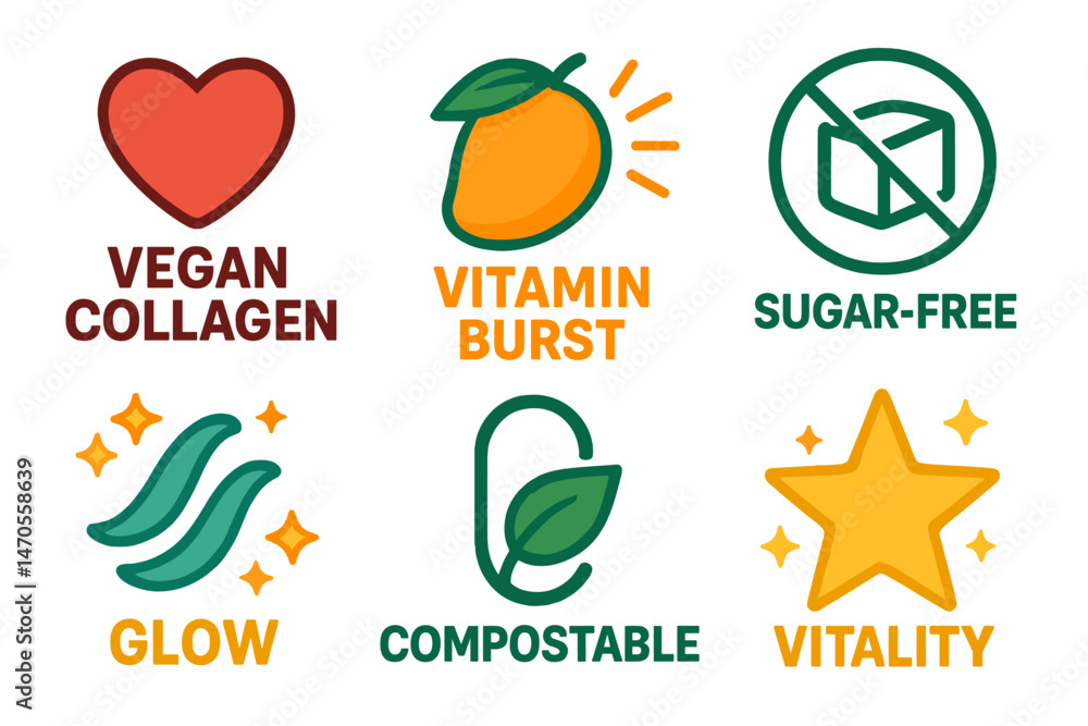 Gummy‑wellness icons showing heart, burst, seal, wave, loop, star Gummy‑wellness icons showing heart, burst, seal, wave, loop, star