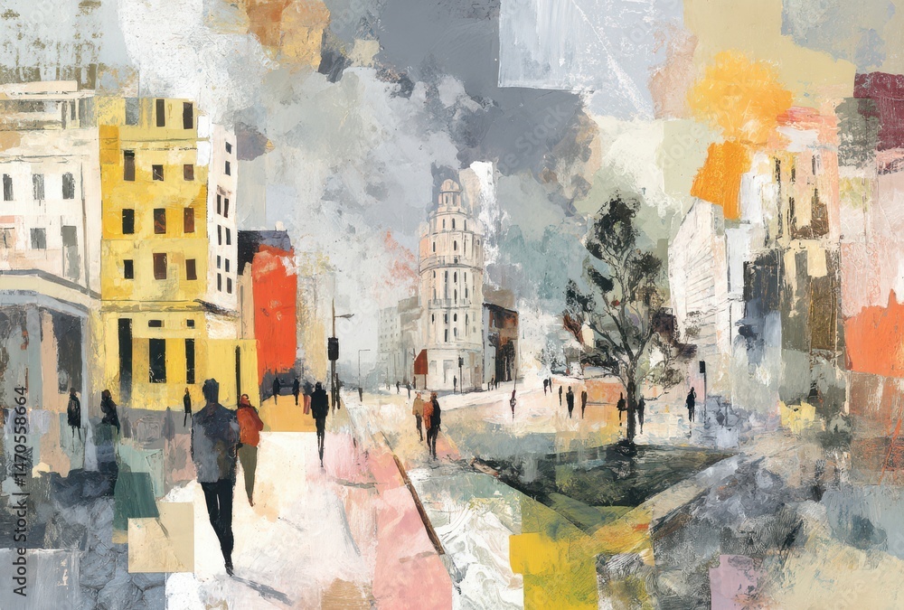 Fototapeta premium Abstract city street with walking pedestrians illustration