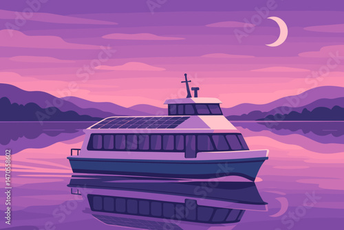 Flat clean‑mobility scene with PV ferry, purple sky, and calm water