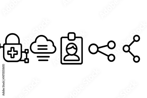 Med‑tech icons showing lock, cloud, badge, key, trail
