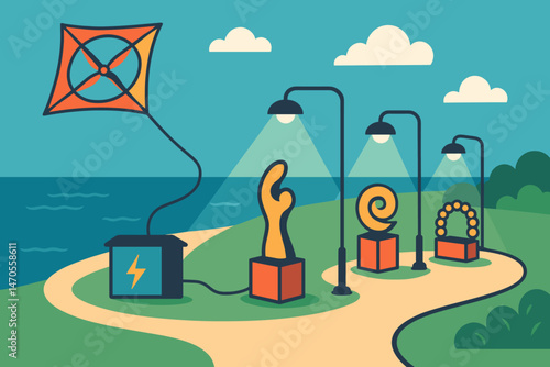 Flat culture‑tech scene with kite cable, lit sculptures, and ocean dusk