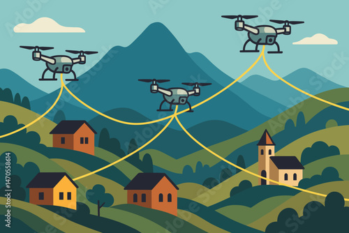 Flat telecom‑tech scene with drones, cable spools, and peaks