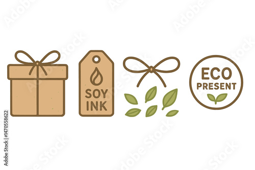 Holiday‑eco icons linking box, tag, bow, confetti, badge