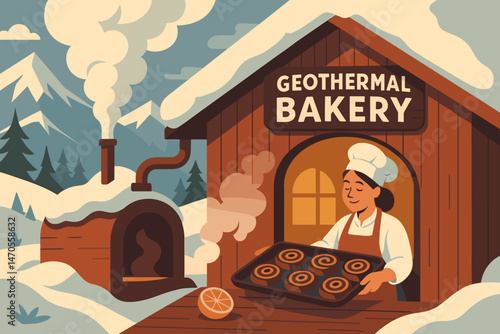 Flat dessert‑tech scene with chocolate orange rolls, steam, and icy peaks