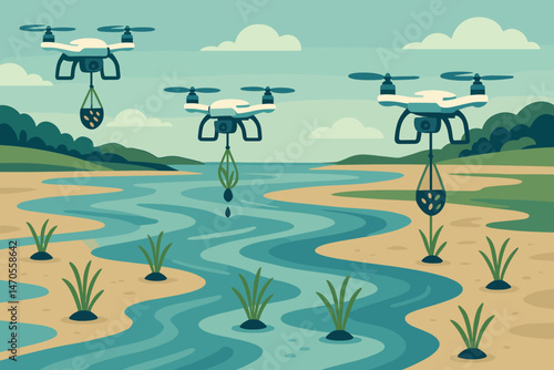 Flat marine‑tech scene with pod droppers, tidal flats, and birds