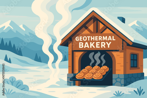 Flat food‑tech scene with fluffy buns, steam curls, and snowy trees