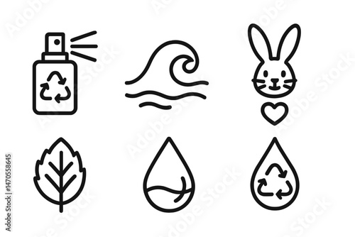 Fragrance‑eco icons showing spritz, wave, crest, bunny, leaf, droplet
