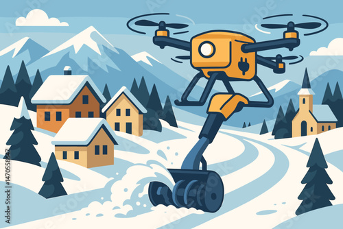 Flat winter‑service scene with drone plow, chalet roofs, and cyan dawn