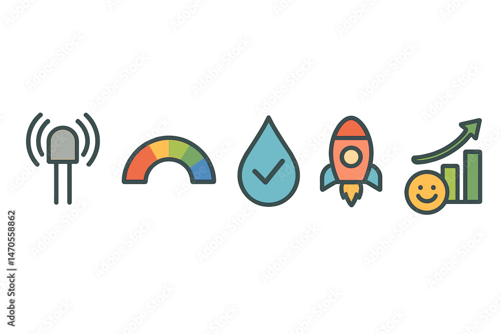 Naklejka premium Garden‑IoT icons linking beacon, band, drop, rocket, badge, bar