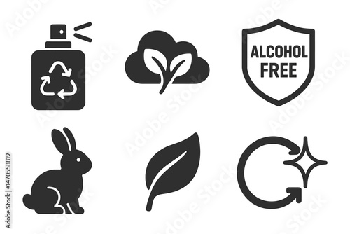 Fragrance‑eco icons merging spritz, wave, crest, bunny, leaf, arrow