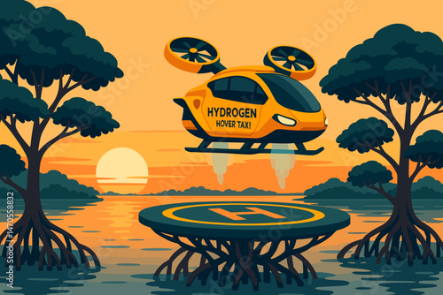 Flat future‑mobility scene with hover rotors, green mangrove roots, and gold sky