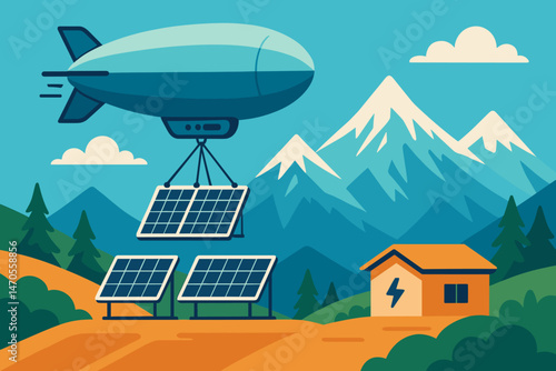 Flat aero‑tech scene with blimp crane, panel crates, and snowy summits